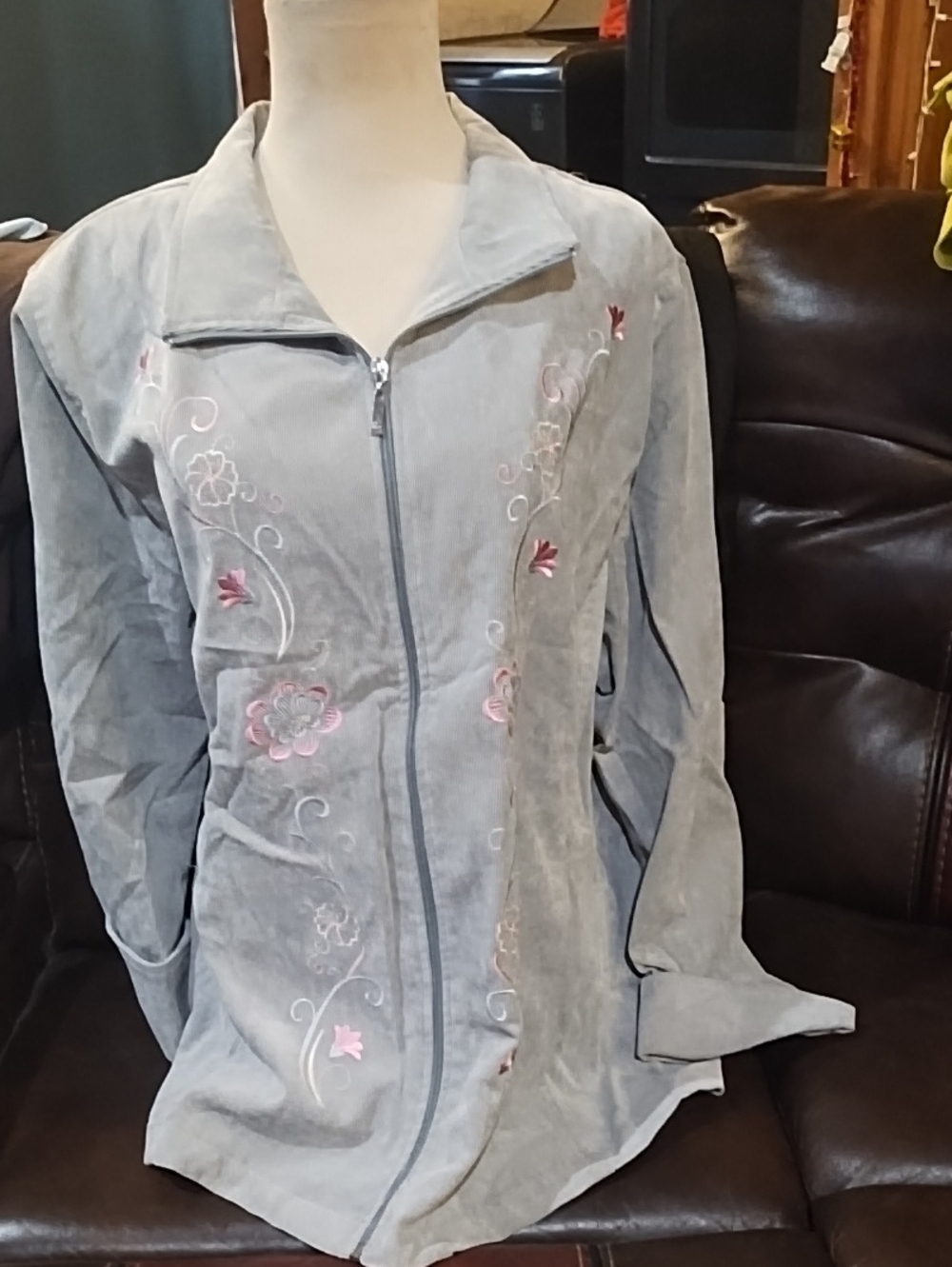 Allison Daley Light Gray Embroidered Zip-Front Jacket